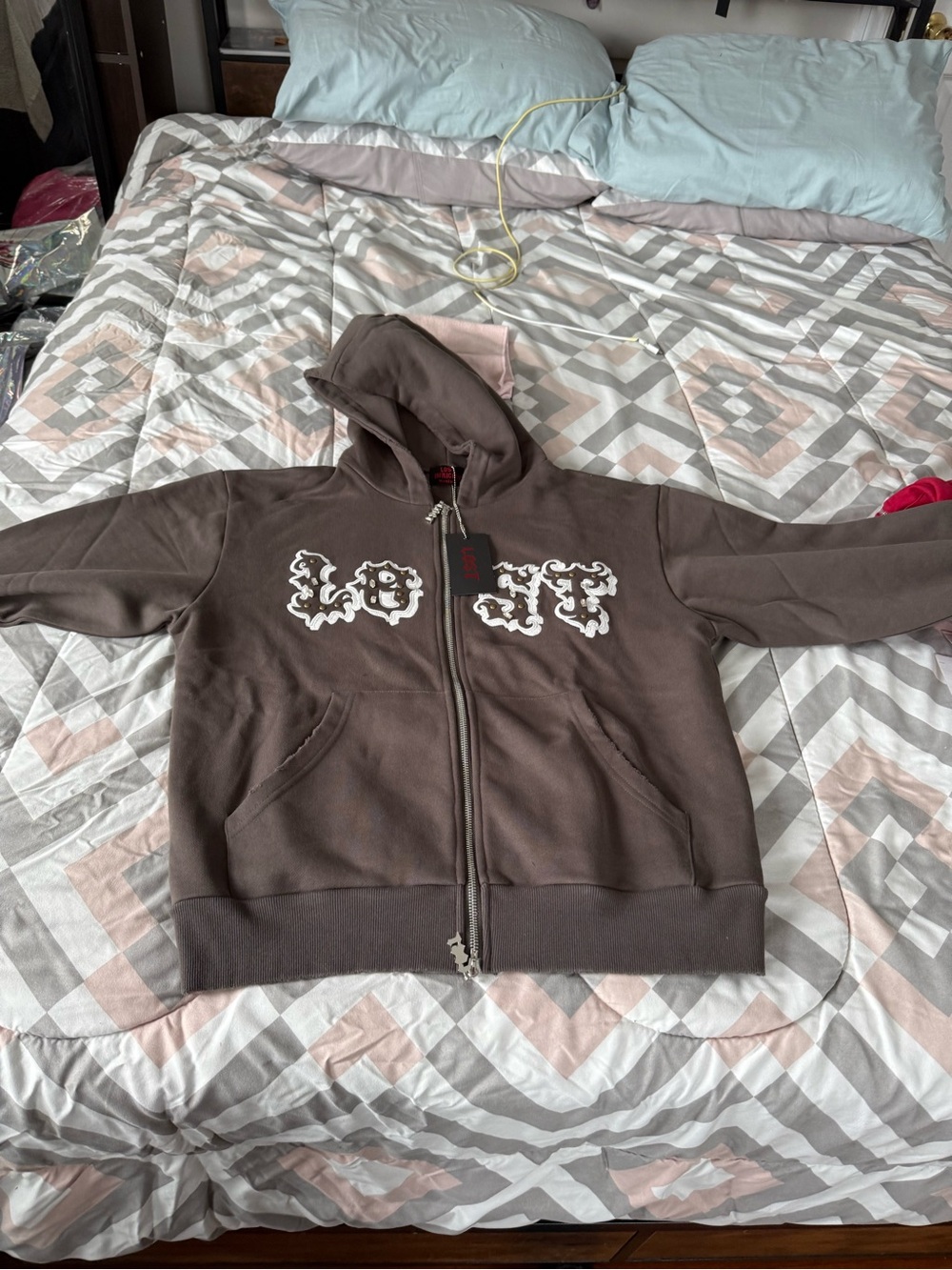 Lost Intricacy Brown Hooded Rhinestone Zip Up Hoodie Size M